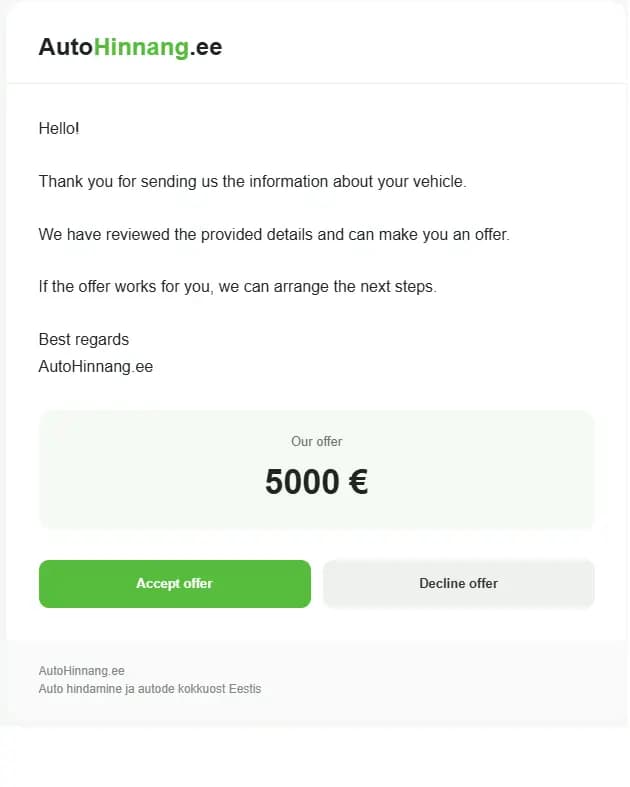 Example of an AutoHinnang car purchase offer